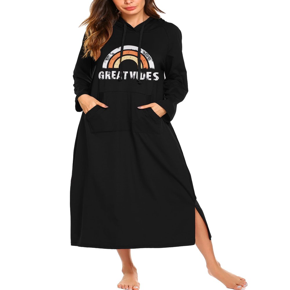 Ekouaer Nightgowns for Women Cotton Nightgown Long Sleeve Hooded Night Gown