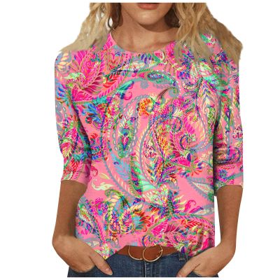 3/4 Length Sleeve Womens Tops Spring Summer Clothes for Women 2026 Plus Size Crew Neck Pink Paisley Floral Print Shirts for Women Trendy Causal Three Quarter Sleeve Tops 2026 Pinks XXL
