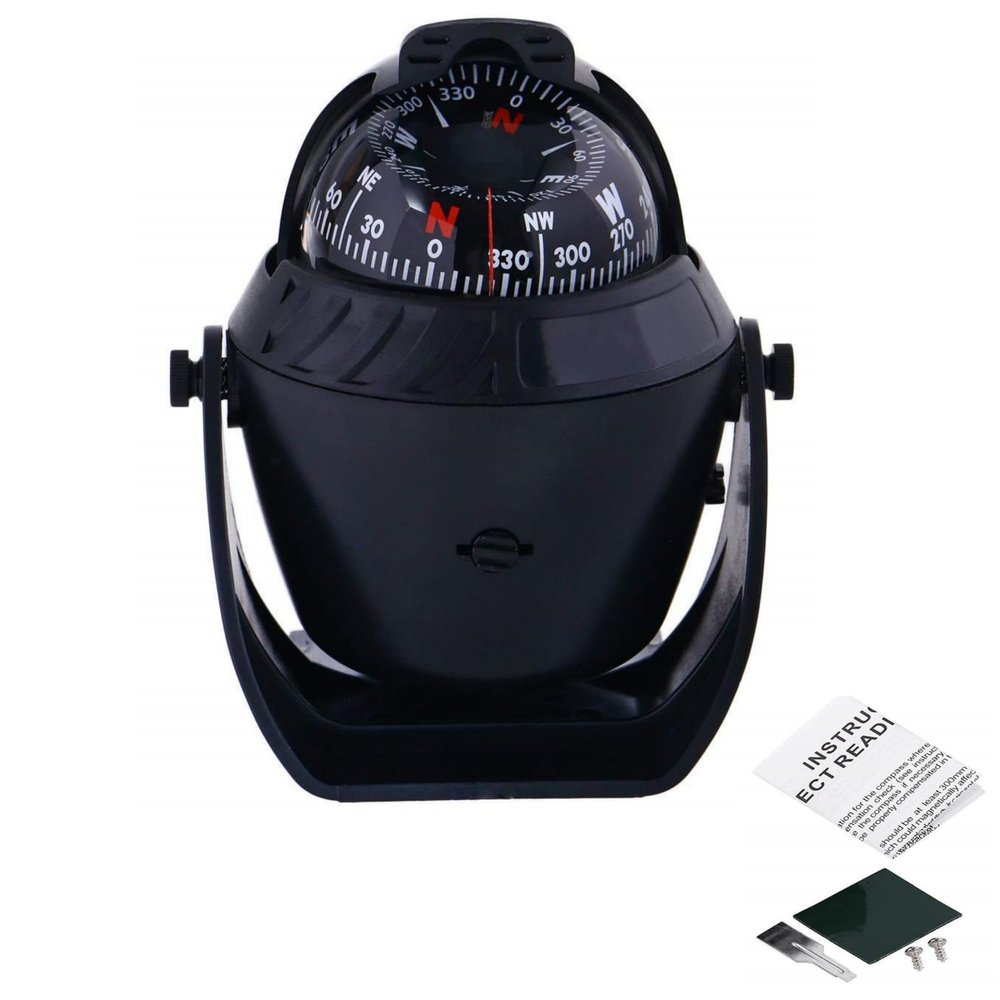 Boat Navigation Compass with LED Light, Boat Illuminated Compass Dash, Sea Electronic Compass Dashboard, Automotive Car Nautical Ship Fishing Boat Marine Magnetic Compass Ball Surface Mount (Black)