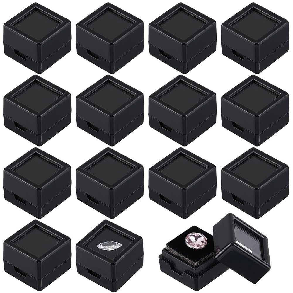 BENECREAT 70Pcs Black Gemstone Display Box, 0.78x0.78x0.63Inch Plastic Transparent Bare Stone Box Square Gem Box with Clear Top Lids for Gems Jewelry Packing