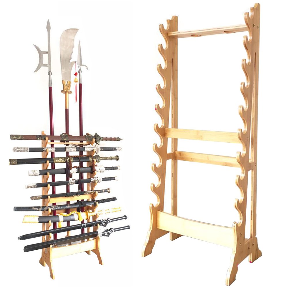 Wooden Vertical Sword Display Stand Holder,10-Layer Floor Standing Integrated sword holder,Adjustable Display Hanger sword stand,Large Multilayer Swords Rack Floor Standing Martial Arts Sword Hangers