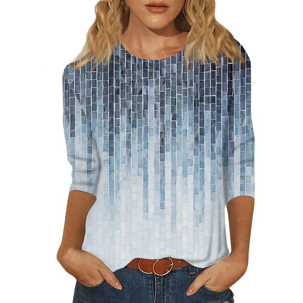 3/4 Length Sleeve Womens Tops 2026 Spring Summer Clothing for Women Plus Size Shirts for Women 3/4 Sleeve Tops Crew Ncek Floral Print Trendy Causal Blouse A12 Dark Blue M