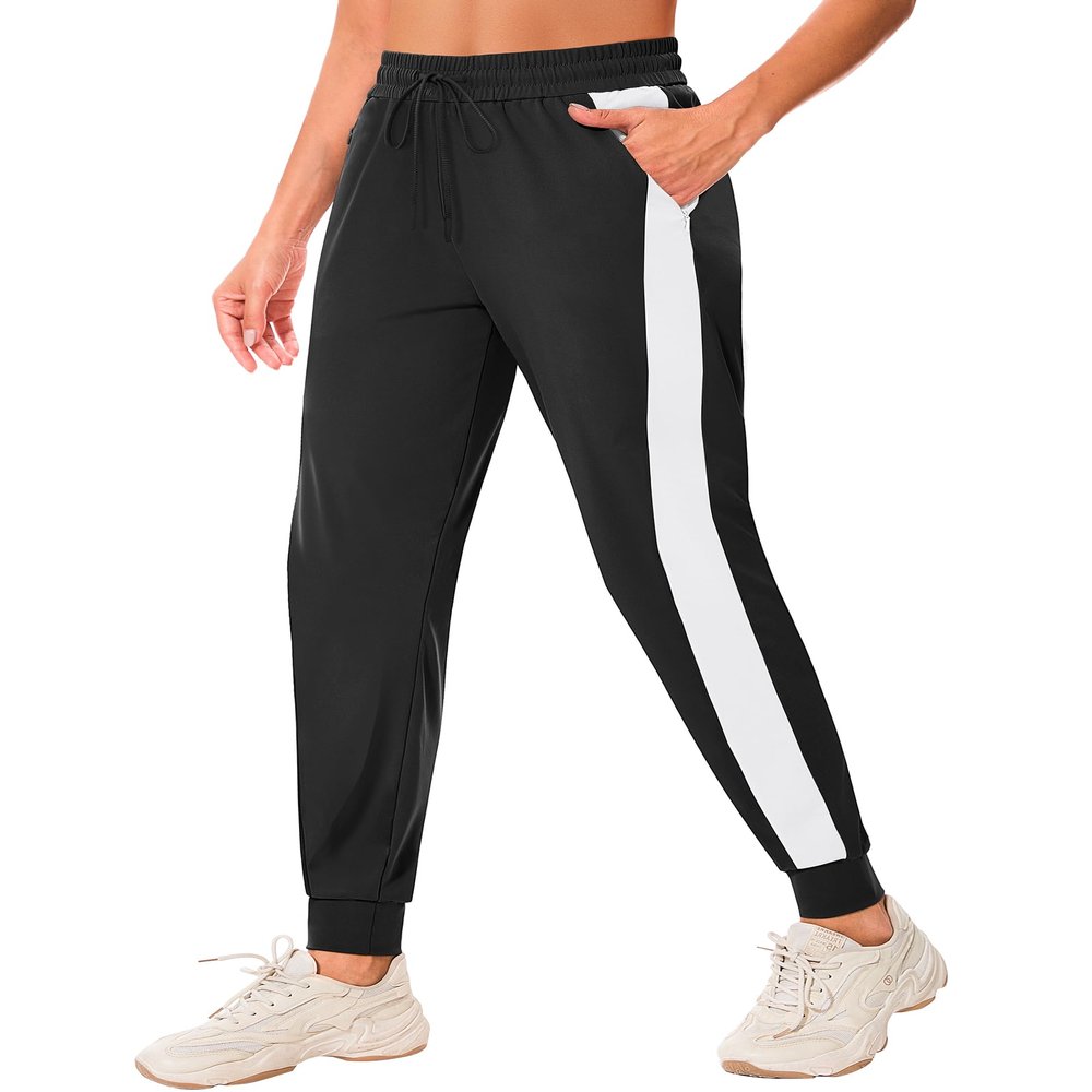 addigi Women's Joggers Pants with Zipper Pockets High Waisted Athletic Drawstring Lightweight Sweatpants for Women Workout Lounge Black White Medium