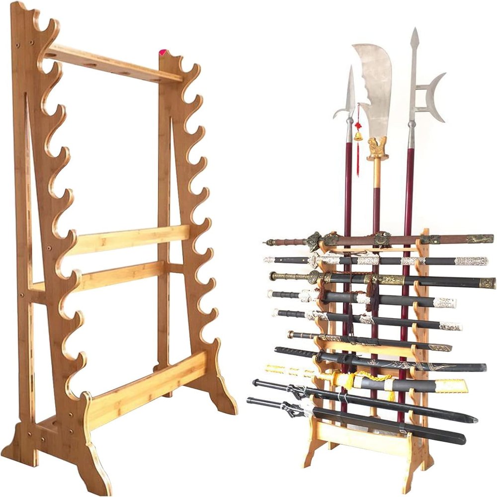 Wooden Vertical Sword Display Stand Holder,10-Layer Floor Standing Integrated sword holder,Adjustable Display Hanger sword stand,Large Multilayer Swords Rack Floor Standing Martial Arts Sword Hangers