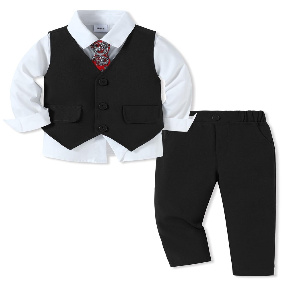 SANMIO Boy Suit Toddler Boys Formal Dress Outfit Shirt+Printed Tie+Vest+Pants Baby Tuxedo Boys Wedding Clothes Black 3-4T
