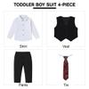 SANMIO Boy Suit Toddler Boys Formal Dress Outfit Shirt+Printed Tie+Vest+Pants Baby Tuxedo Boys Wedding Clothes Black 3-4T view 4