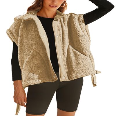 GTLIAE Womens Sherpa Fleece Vest Oversized Sleeveless Jacket Casual Outerwear Gilet with Pockets(Khaki-L)