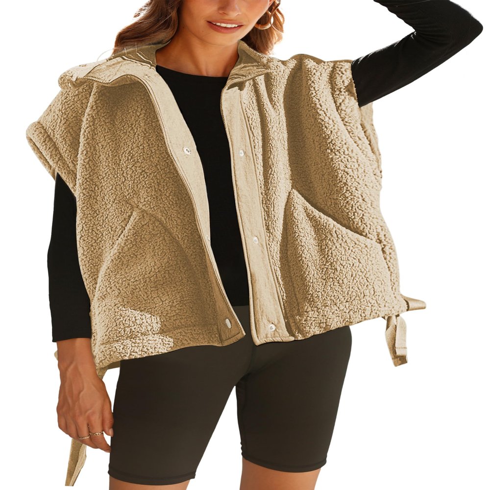 GTLIAE Womens Sherpa Fleece Vest Oversized Sleeveless Jacket Casual Outerwear Gilet with Pockets(Khaki-L)