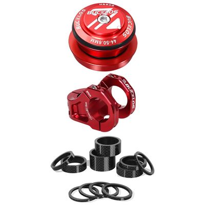 BUCKLOS 1-1/8 Bike Headset Threadless 44-50.6mm Red & 35mm Mountain Bike Stem MTB 31.8mm CNC Short Stems & 11PCS Carbon Fiber Shiny Spacer