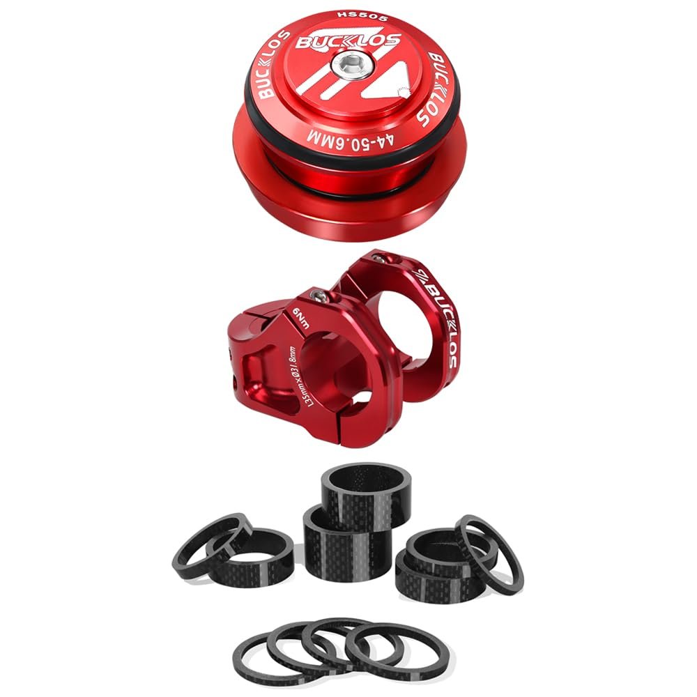 BUCKLOS 1-1/8 Bike Headset Threadless 44-50.6mm Red & 35mm Mountain Bike Stem MTB 31.8mm CNC Short Stems & 11PCS Carbon Fiber Shiny Spacer