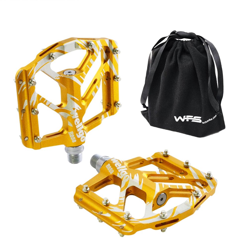 WFS Canvas Drawstring with Wellgo B252 Flat Pedals Low Profile Design,Gold,WE3095-WFS
