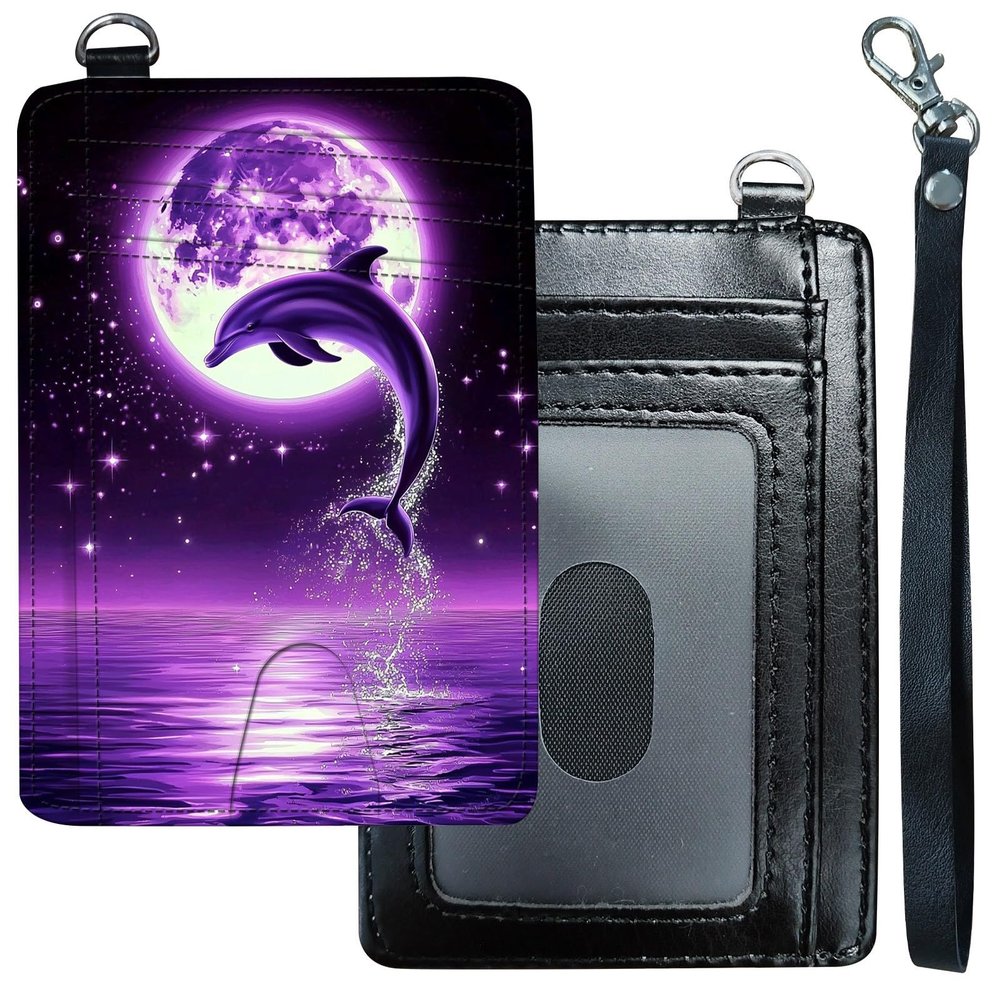 DHYYDSQZ Slim Minimalist Wallet for Men Women Small Credit Card Holder Wallet Front Pocket RFID Blocking Wallets Travel Card Case with ID Window Card Organizer & Wristlet,Purple Moon Dolphin Jumping