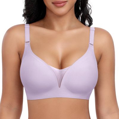 Wireless Bras for Women Lace V Neck No Underwire Push Up Bra Seamless Braslettes Supportive Full Coverage Plus Size Everyday Bras (Purple,Medium)