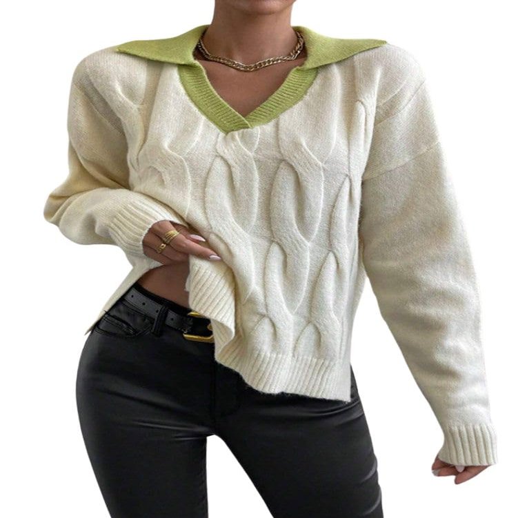 chouyatou Women's Cable Knit Side Slit Pullover Sweater Contrast Polo V Neck Collared Long Sleeve Jumper Tops (Large, Beige Green-Collar)