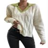 chouyatou Women's Cable Knit Side Slit Pullover Sweater Contrast Polo V Neck Collared Long Sleeve Jumper Tops (Large, Beige Green-Collar) view 1