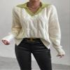 chouyatou Women's Cable Knit Side Slit Pullover Sweater Contrast Polo V Neck Collared Long Sleeve Jumper Tops (Large, Beige Green-Collar) view 2