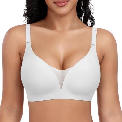 Wireless Bras for Women Lace V Neck No Underwire Push Up Bra Seamless Braslettes Supportive Full Coverage Plus Size Everyday Bras (White,2X-Large)