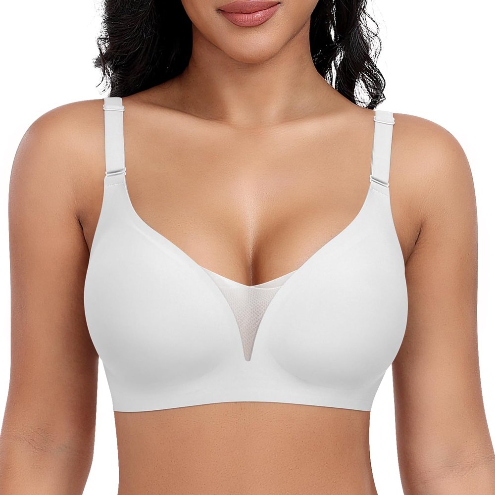 Wireless Bras for Women Lace V Neck No Underwire Push Up Bra Seamless Braslettes Supportive Full Coverage Plus Size Everyday Bras (White,2X-Large)