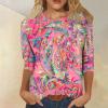 3/4 Length Sleeve Womens Tops Spring Summer Clothes for Women 2026 Plus Size Loose Cozy Crewneck Pink Paisley Floral Print Trendy Shirts Womens Three Quarter Sleeve Tops 2026 Pinks S view 2
