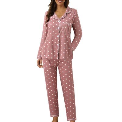 Womens Soft Sexy Pajama Sets,2c ounge Set Polka Dot Print Buttons Long Sleeve Loungewear Set Sleepwear (Pink, M)