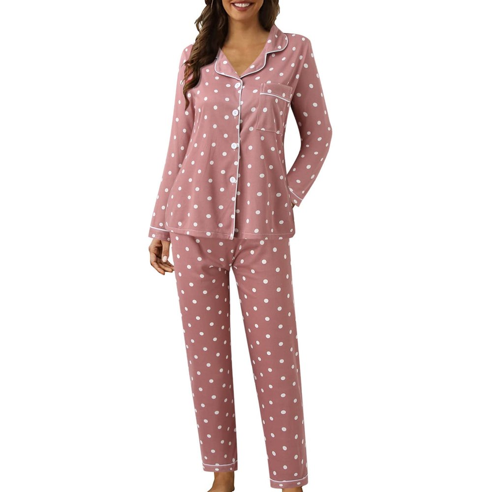 Womens Soft Sexy Pajama Sets,2c ounge Set Polka Dot Print Buttons Long Sleeve Loungewear Set Sleepwear (Pink, M)