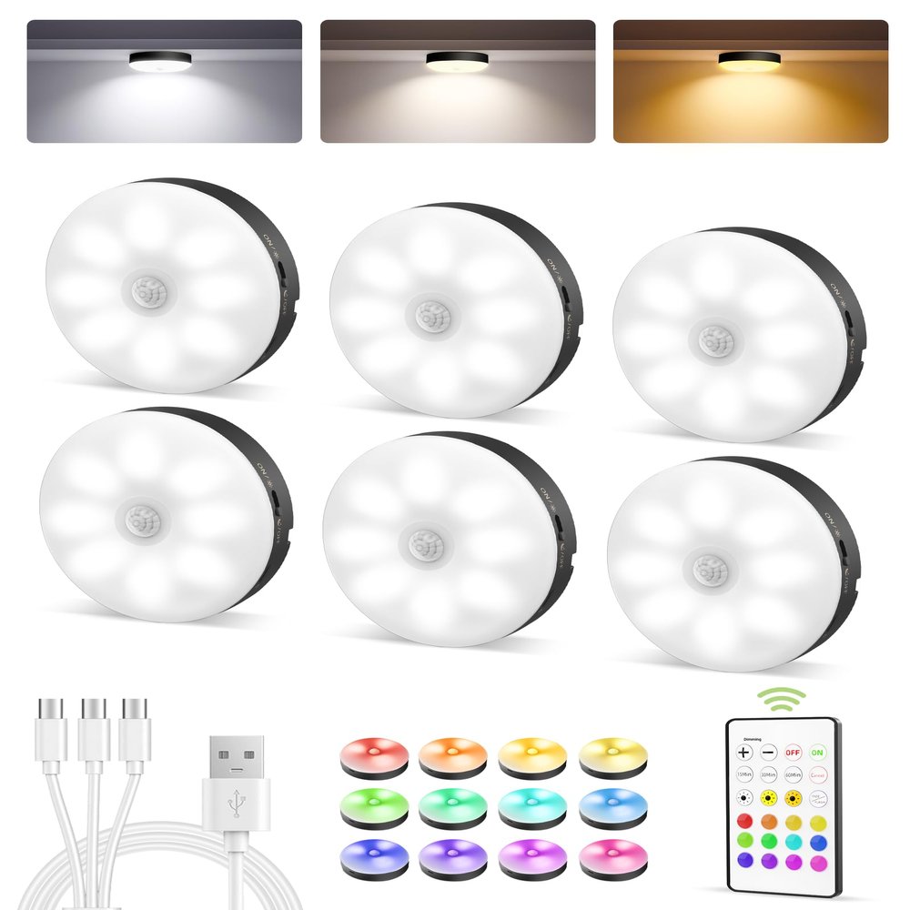 EZVALO Under Cabinet Lighting, 1000mAh Rechargeable Puck Lights with Remote, 3 Color Temps & 12 RGB Motion Sensor Closet Lights Indoor, Dimmable Under Counter Lights for Kitchen (Black, 6 Packs)