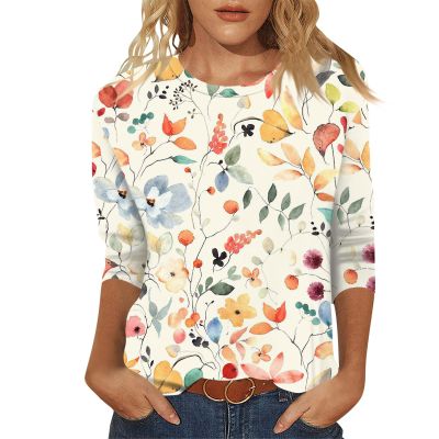 3/4 Length Sleeve Womens Tops 2026 Spring Summer Clothing for Women Plus Size Shirts for Women 3/4 Sleeve Tops Crew Ncek Floral Print Trendy Causal Blouse A11 Beige 3XL