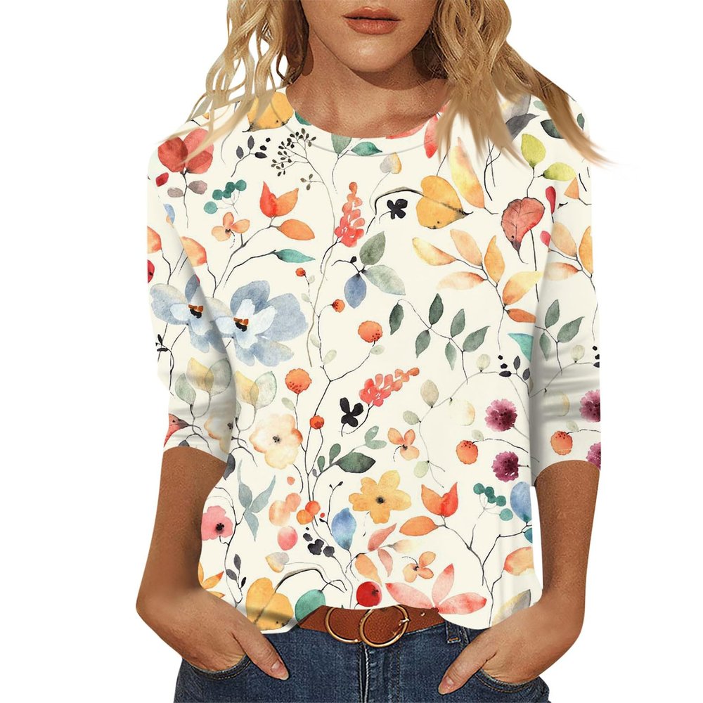 3/4 Length Sleeve Womens Tops 2026 Spring Summer Clothing for Women Plus Size Shirts for Women 3/4 Sleeve Tops Crew Ncek Floral Print Trendy Causal Blouse A11 Beige 3XL
