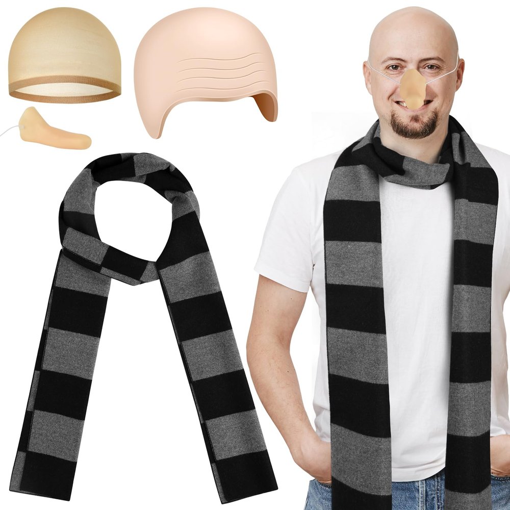 MEEZY 4 Pcs Cosplay Costume Accessories Adults, Black Gray Striped Scarf with Nose Bald Cap for Men Halloween Cosplay Party Dress Up