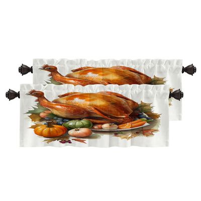BaoNews Happy Thanksgiving Day Kitchen Valances for Windows, Turkey Pumpkin Cartoon Leaves Blackout Valances Curtains Multilayer Polyester Drapes for Kitchen Bedroom 2 Pack 52X16 Inches