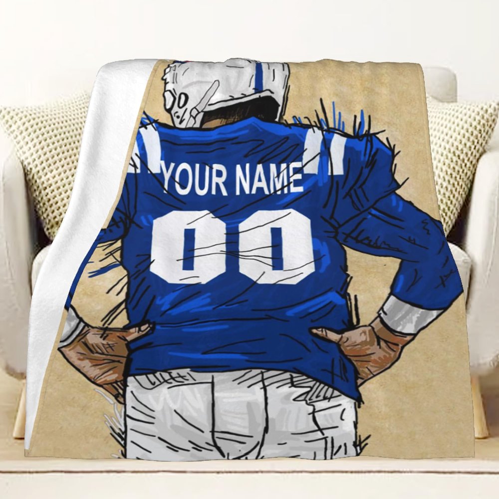 CTAOOEN Custom Flannel Blanket with Football Player with Any Name and Number, Personalized Throw Blanket with (Indianapolis) Football Team Star Art Print for Kid Adult