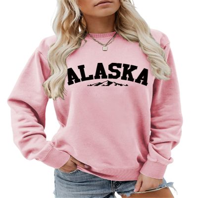 Pifnxtamy Sweatshirts for Women Alaska Letter Graphic Tees Retro Mountain Shirt Crewneck Sweater Long Sleeve Pullover Pink