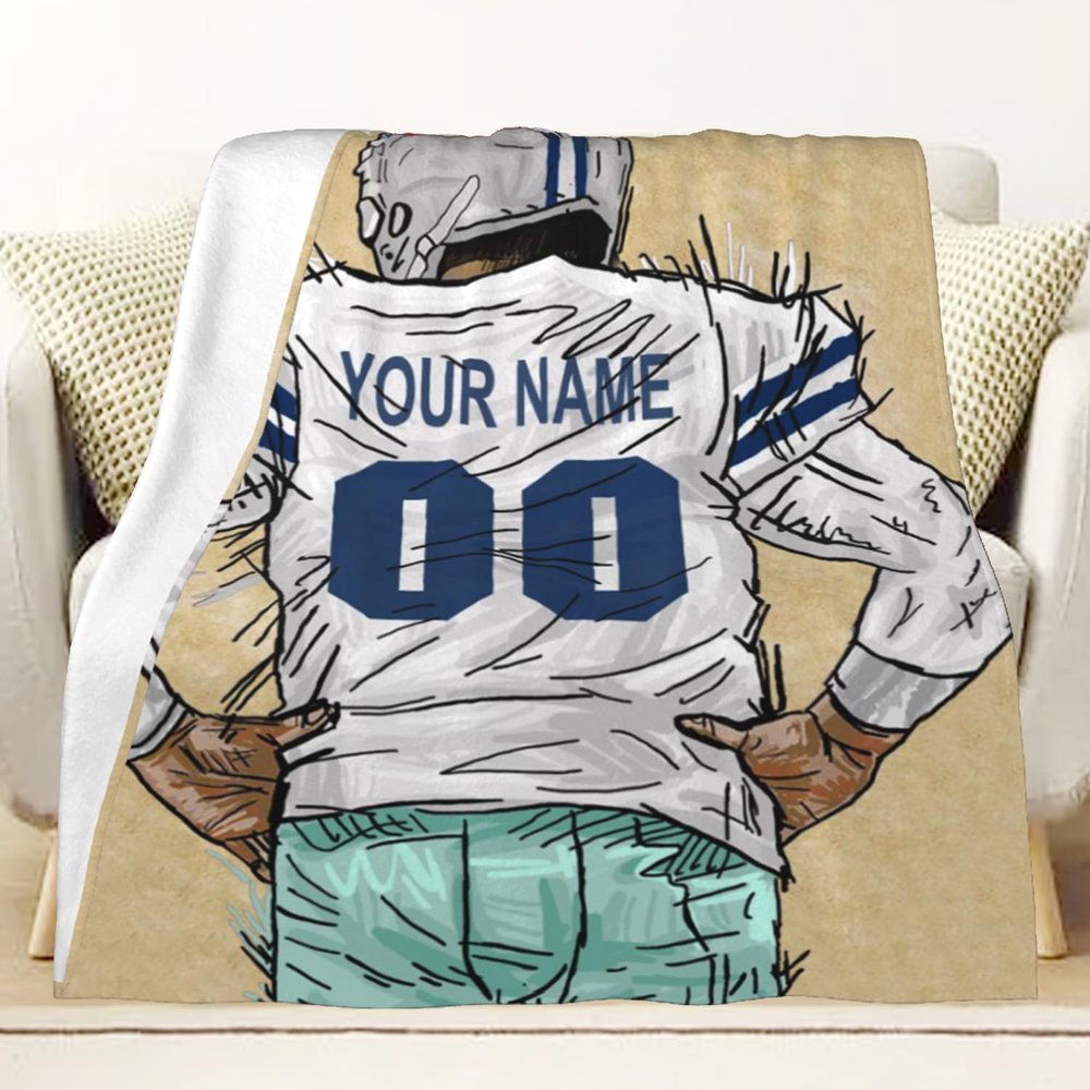 CTAOOEN Custom Flannel Blanket with Football Player with Any Name and Number, Personalized Throw Blanket with (Dallas) Football Team Star Art Print for Kid Adult