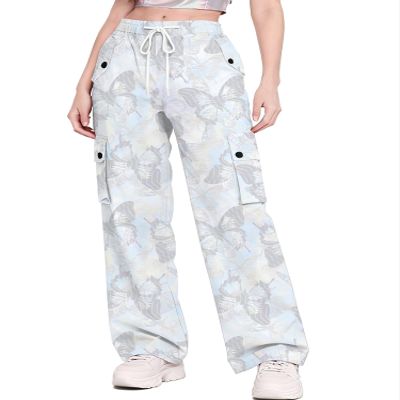 Betusline Girl's High Waist Wide Leg Cargo Pants Y2K Parachute Pants with Pockets and Drawstring, Butterfly Blue, 13-14 Years = Tag 170