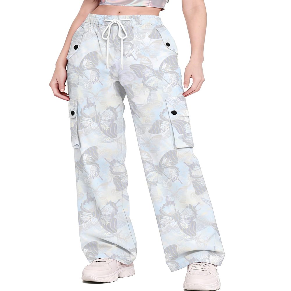 Betusline Girl's High Waist Wide Leg Cargo Pants Y2K Parachute Pants with Pockets and Drawstring, Butterfly Blue, 13-14 Years = Tag 170