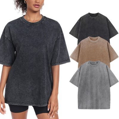 3 Pack Womens Washed Vintage Oversized T-Shirt Baggy Workout Tops Short Sleeve Cotton Tshirts Streetwear Boyfriend Tee(W-CFGYBK,XL)