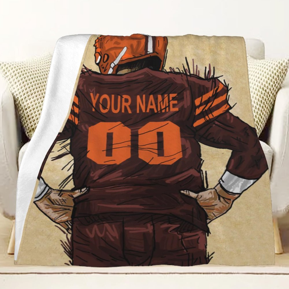 CTAOOEN Custom Flannel Blanket with Football Player with Any Name and Number, Personalized Throw Blanket with (Cleveland) Football Team Star Art Print for Kid Adult