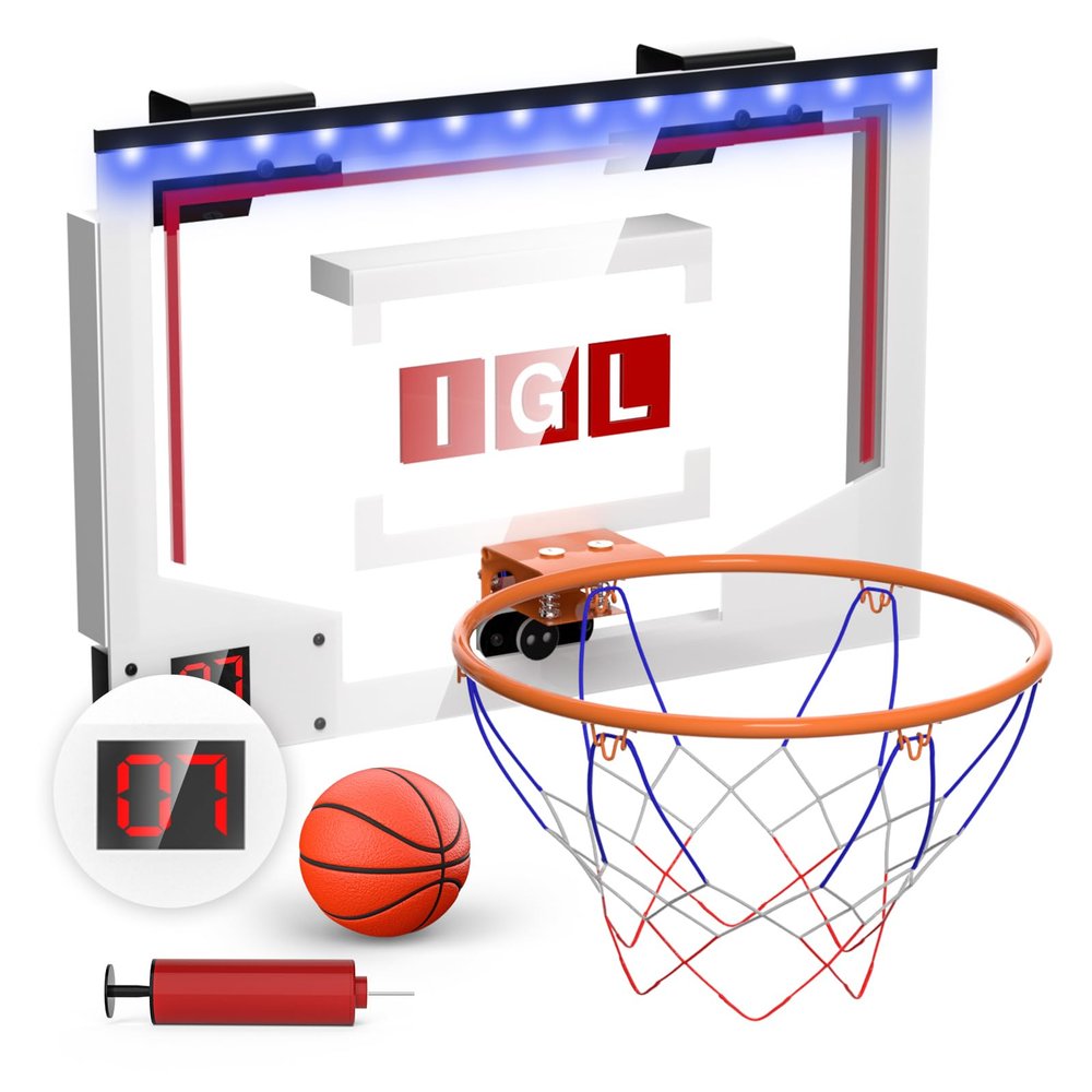 IGL Mini Basketball Hoop Indoor, Over The Door Basketball Hoop Outdoor Wall Mounted with Electronic Scoreboard, Music, LED Lighting and Ball/Pump for Basketball Portable Hoops & Goals