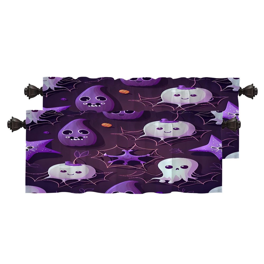 BaoNews Halloween Seamless Ghosts Kitchen Valances for Windows, Spider Web On Purple Blackout Valances Curtains Multilayer Polyester Drapes for Kitchen Bedroom 2 Pack 52X16 Inches