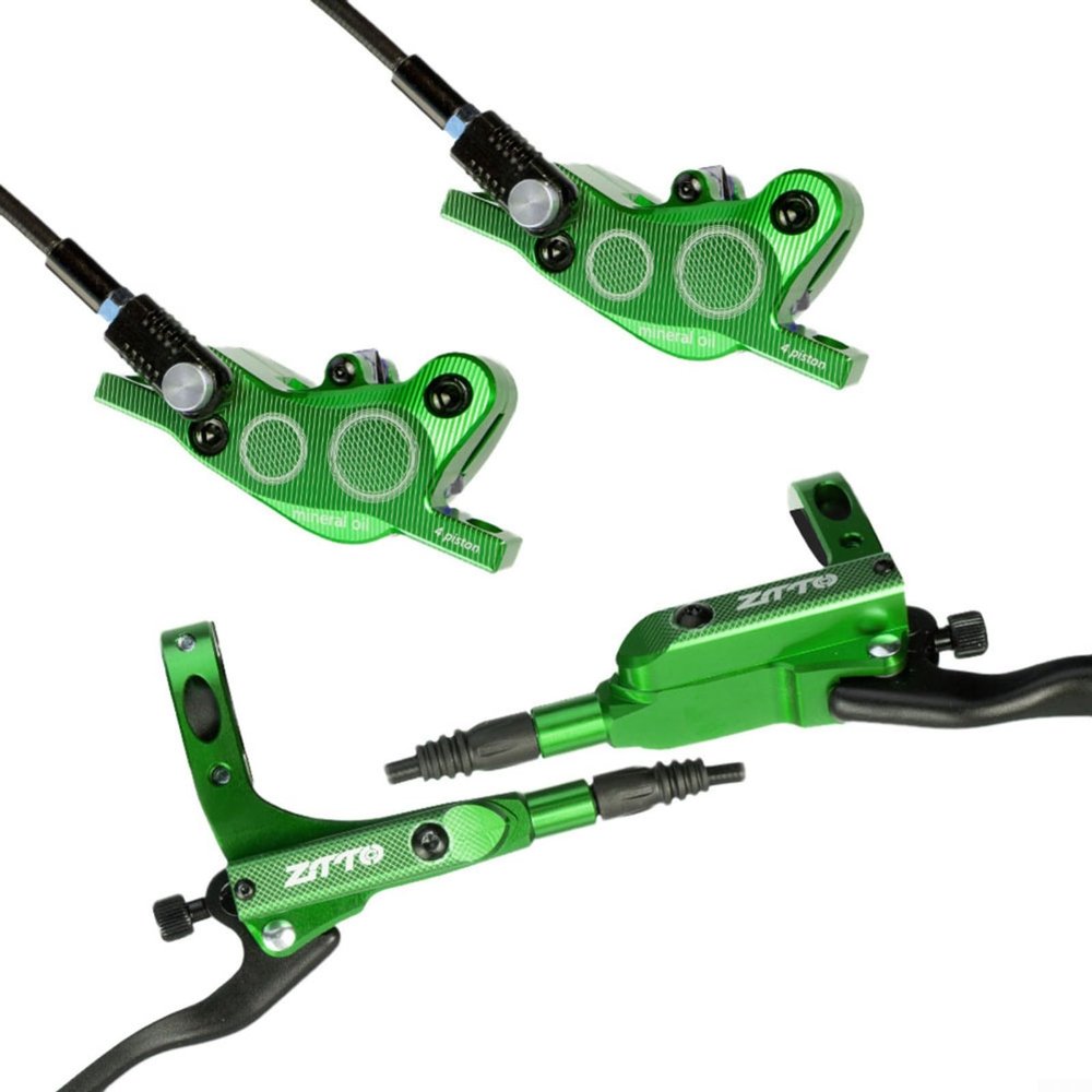 Startbuymore 4 Pistons Hydraulic Disc Brake Set, Aluminum Alloy Hydraulic Disc Brakes Compatible With For Road & Mountain Bike(Green)