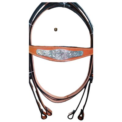 AD Saddlery Western Premium Leather Equestrian Trail Set Accessories Hand Silver Plated Carved Tooled Headstall, Breast Collar & Reins for Horse Riding and Training Size: Full - Cob