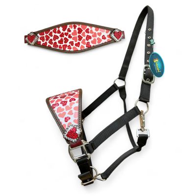 MOUSM Bronc Halter with Heart Conchos & Red Stones | Heart Print Design | Real Genuine Argentine Cow Leather