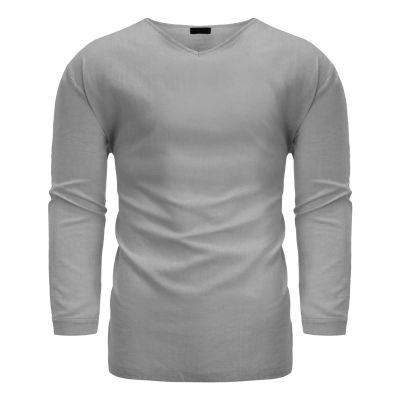 Men's Cotton Linen T Shirts Long Sleeve Loose Henley Shirts Casual Solid Band Collar Hippie Beach Shirt (XX-Large,Grey)