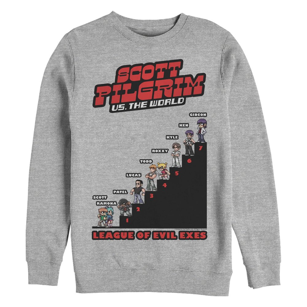 Scott Pilgrim vs. the World Stairway to Exes Mens Pullover Crew Fleece, Athletic Heather