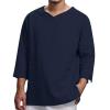Men's Cotton Linen T Shirts Long Sleeve Loose Henley Shirts Casual Solid Band Collar Hippie Beach Shirt (X-Large,Dark Blue) view 2
