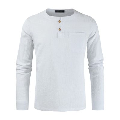 Men's Cotton Linen Button Down Solid Shirt Casual Stylish Long Sleeve Henley Shirt Business Beach Dress Shirts (Large,White)