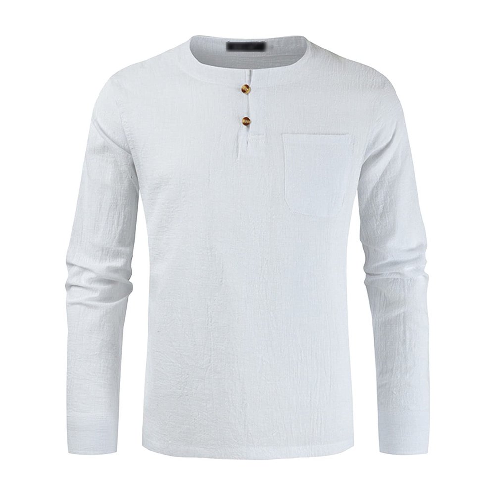 Men's Cotton Linen Button Down Solid Shirt Casual Stylish Long Sleeve Henley Shirt Business Beach Dress Shirts (Large,White)