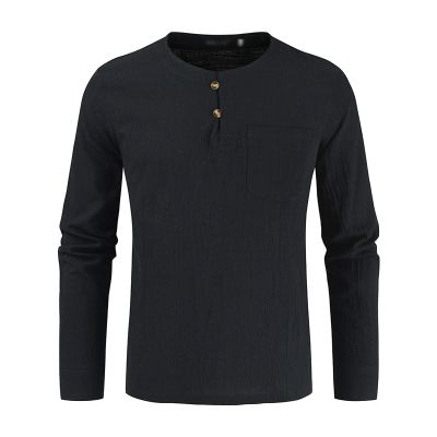 Men's Cotton Linen Button Down Solid Shirt Casual Stylish Long Sleeve Henley Shirt Business Beach Dress Shirts (Large,Black)