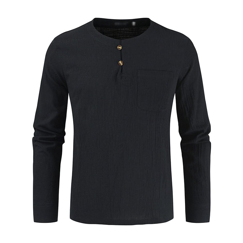Men's Cotton Linen Button Down Solid Shirt Casual Stylish Long Sleeve Henley Shirt Business Beach Dress Shirts (Large,Black)