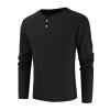 Men's Cotton Linen Button Down Solid Shirt Casual Stylish Long Sleeve Henley Shirt Business Beach Dress Shirts (Large,Black) view 2